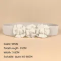 Elegant white elastic waist belt for women with three decorative fabric flowers - White
