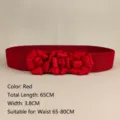 Red elastic belt for women featuring three fabric roses, 65cm long and 3.8cm wide. - Red
