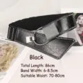 Wide black corset belt with punk rivets and silver ring buckle for dresses and coats - Length 86cm (Fits Waist 70-80cm) / Black