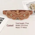 Punk style elastic waist belt with gold rivets in camel color for women's dresses - Camel