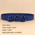 Navy blue elastic waist belt with three rose flower decorations for ladies' dresses - Blue