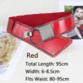 Red punk style wide corset belt featuring silver studs and a circular metal ring buckle - Extended Length 95cm (Fits Waist 80-95cm) / Red
