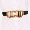 Chic vintage black elastic waist belt featuring chunky gold metal tube rings for women - 75cm / Black