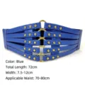 Detailed view of the blue elastic cinch belt with gold rivets and ring buckle. - Blue