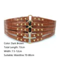 Detailed view of brown vintage rivet corset belt with cutout elastic design - Dark Brown