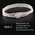 Close-up of four-row pearl elastic belt with sparkling rhinestone flower buckle - J款 65cm
