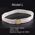Close-up detail of a vintage four-row pearl elastic belt with square rhinestone buckle - L款 66cm