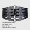 Women's vintage wide black corset belt featuring silver rivets and hollow out rings - Silver Rivets