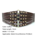 Retro brown crocodile pattern wide elastic corset belt with gold rivets and rings - Coffee