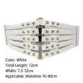 Stylish white wide elastic corset belt with gold rivets and crocodile pattern texture - White