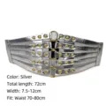 Women's silver rivet elastic wide waist belt with crocodile texture and gold rings - Silver