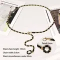 Elegant gold chain belt with black leather and pearl flower detail for dresses - Artificial Pearl Flower / Gold Black Pearl