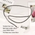 Elegant double-layered silver metal chain belt with black woven leather detail and ball pendant - Full Length 100cm/Chain Width 0.8cm / Silver