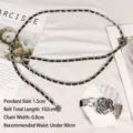 Elegant double-layer silver chain belt with black leather and camellia pendant - Silver