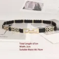 Vintage black elastic thin belt featuring gold metal flower accents and a front buckle - Style A - Four-leaf Clover Flower / Flat 67cm (Width 2cm) / Black