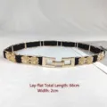 Vintage black elastic belt with gold flower metal buckle, 66cm length, 2cm width - Style P - Floral Relief Style