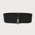 Elegant wide black elastic waist belt for women features a minimalist metallic clasp closure - 75cm Length / Black
