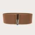 Wide brown elastic cinch belt for women dresses with metallic front clasp closure - 75cm Length / Camel
