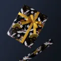 Papier cadeau élégant avec motifs de grues et d'éventails japonais noir et doré - 1 Feuille / Grue