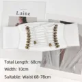 Fashionable white wide elastic corset belt featuring vintage bronze hooks and lace-up tassels - White