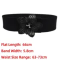 Black elastic waist belt with elegant rhinestone flower buckle for dresses and coats - Length 66cm Width 5.8cm / Black