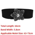 Elastic black waist belt featuring a decorative rhinestone flower buckle for women - Length 66cm Width 5.8cm / Silver