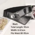 Black wide punk waist belt with silver rivets and circular metal ring buckle for women - Extended Length 95cm (Fits Waist 80-95cm) / Black