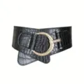 Fashionable black crocodile pattern wide corset belt with gold-tone C-shape buckle - Style B Gold Buckle (XH908) / Length 79cm (Fits Waist 68-85cm) / Black