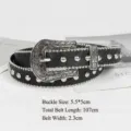 Punk style black leather belt with silver rivets and floral engraved buckle for women. - 107cm / Carved Buckle Round Studded