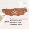 Elegant elastic wide waist belt for women in camel brown with decorative metal buckle - Style B / Camel