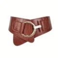 Wide brown punk style elastic corset belt with crocodile skin texture and golden buckle - Style B Gold Buckle (XH908) / Length 79cm (Fits Waist 68-85cm) / Brown Red