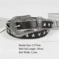 Punk style women's black leather belt with silver star rivets and engraved floral buckle - 105cm / Carved Buckle Star Studded