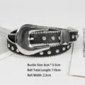 Punk style black leather belt with silver rivets and large buckle, length 110cm - 110cm / Smooth Buckle Round Studded