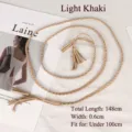 Handmade vintage braided waist rope belt in light khaki with decorative tassels for dresses - Light Khaki
