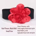 Elegant black elastic waist belt featuring a large 3D red fabric rose decoration - Flower Style / Width 5.7cm / Red Flower Black Belt (Small)