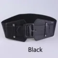 Wide black elastic waist belt with stylish faux leather buckle and rivet details - Black Style (V610) / Black