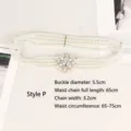 Elegant four-row pearl elastic waist belt in white with rhinestone flower buckle - P款 65cm
