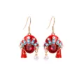 Detailed view of red Peking Opera mask earrings with pearls and crystals. - Peking Opera Mask Style (E0073 Gold+Red)