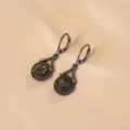 Elegant vintage gunmetal drop earrings featuring dark green zircon stones and lever-back closure - Lever-back Round Style (E2524) / Gunmetal