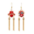 Detailed view of traditional red Peking Opera mask earrings with golden tassel chains - Tassel Ear Hook Red Style (E0077 Gold)