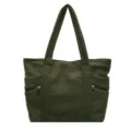 Dark green corduroy tote bag with large capacity and side zipper pockets for daily use - Style 3 / Green
