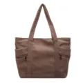 Simple brown corduroy tote bag for women with large capacity and zipper pockets - Style 3 / Brown