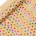 Brown kraft wrapping paper roll with colorful holographic metallic heart patterns - Birthday Series - Gold Foil Hearts / 0.43*3m