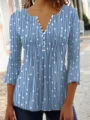 Blue women's long-sleeve blouse featuring V-neck buttons and chic geometric polka dot print - S / Tops / Blue