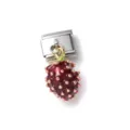 Detail view of a 3D enamel strawberry charm on a stainless steel link for DIY jewelry. - Simulation Strawberry Style (6)