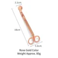 Dochtschere aus roségoldenem Edelstahl mit Größen- und Gewichtsangaben - Galvanisierter Rundkopf / Roségold