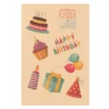 Vintage-Geburtstag-Sticker-Set mit Kuchen Ballons Geschenkbox und Partyhut Dekorationen - Kraftpapier Geburtstagstorte Aufkleber