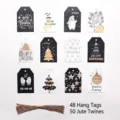 Set mit 48 Weihnachtsgeschenkanhängern und 50 Juteschnüren in 12 festlichen Designs - Weihnachten Schwarz Gold Serie Geschenkanhänger Set / 48 Anhänger + 50 Seile