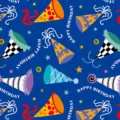 Lebendiges blaues Geburtstags-Geschenkpapier mit bunten Partyhüten und Sternenmustern. - Geburtstagshut / 50x70cm