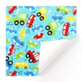 Blaues Geschenkpapier mit bunten Comic-Fahrzeugen wie Autos, Zügen und Flugzeugen - Auto / 50x70cm